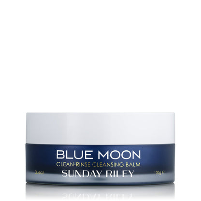 Blue Moon Clean Rinse Cleansing Balm, dark blue jar with white cap with white back ground.